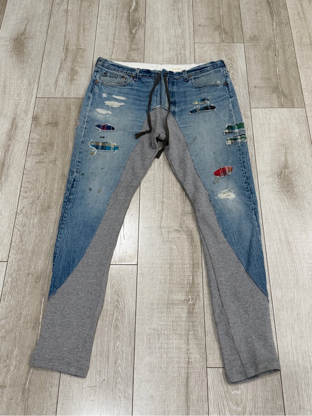 Greg Lauren 3 Men's Blue Denim & Gray Panel denim patchwork Jogger Pants